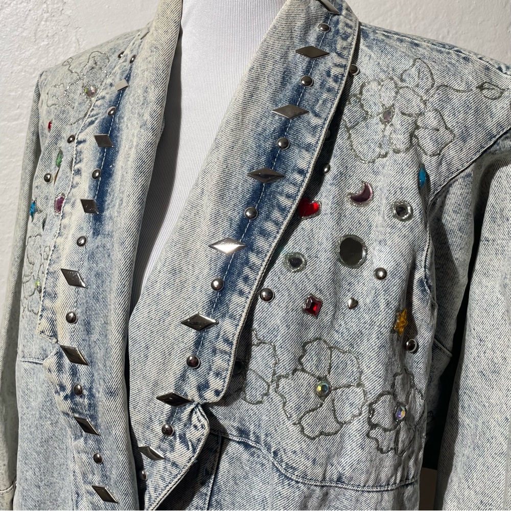 VTG Embellished Denim Jacket 80s 90s Beaded Rhinestone glitter floral studded